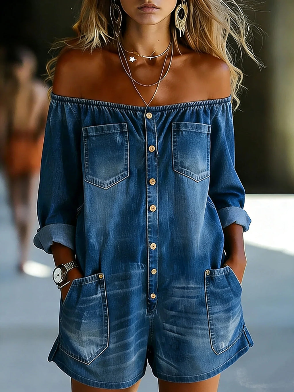 2026 New Fashion Retro Off Shoulder Long Sleeve Loose Denim Washed Jumpsuit Shorts Women Casual Slim Fit Temperament Set