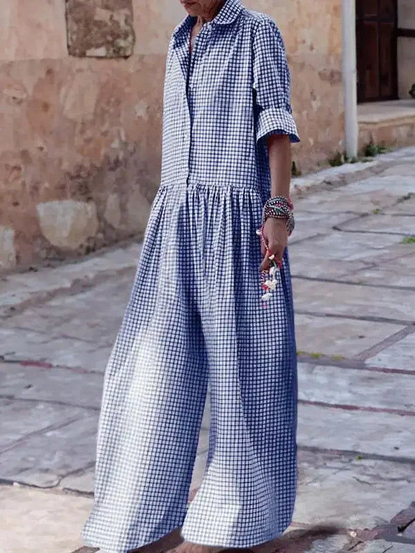 Fashion Lapel Single Breasted Half Sleeve Wide Leg Jumpsuit Spring Autumn Lady New Women's Loose Casual Plaid Printed Jumpsuit