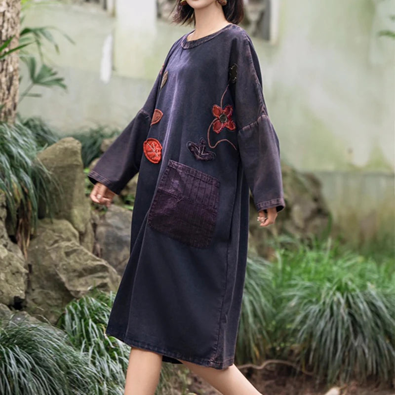 Masss Wasss 2025 Fall Females Classic Vintage Embroidery Oversized Denim Dresses Womens Fashion Loose Vestidos Leisure Clothes
