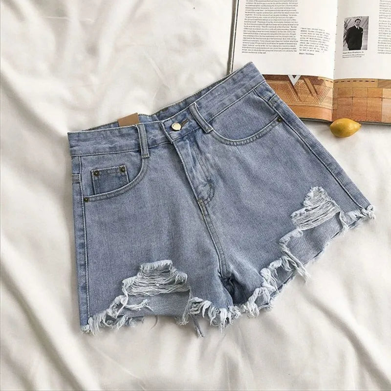 Women High Waist Ripped Denim Shorts Korean Y2K Streetwear Tassel Pocket Summer Casual Blue Jeans Pants Fashion Street Trousers