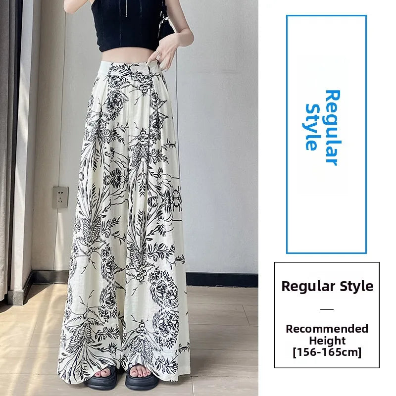 Summer Lazy Sle Wide Leg Pants Loose Floor-Length Ice Silk Women's High Waist Straight Tube Linen Cotton Blend Trousers