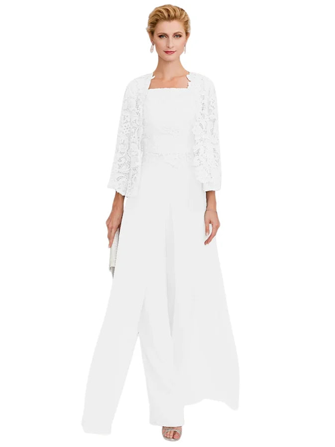 Jumpsuit Pantsuit 3 Piece Floor Length Sleeveless Square Neck Elegant Formal Wedding Guest Chiffon Mother of the Bride Dress