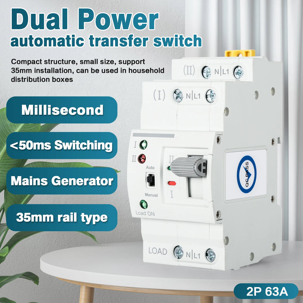 DEWIN G2R Din Rail 2P 63A ATS Dual Power Automatic Transfer Switch Electrical Selector Switches 220V Electrical Selector Switch