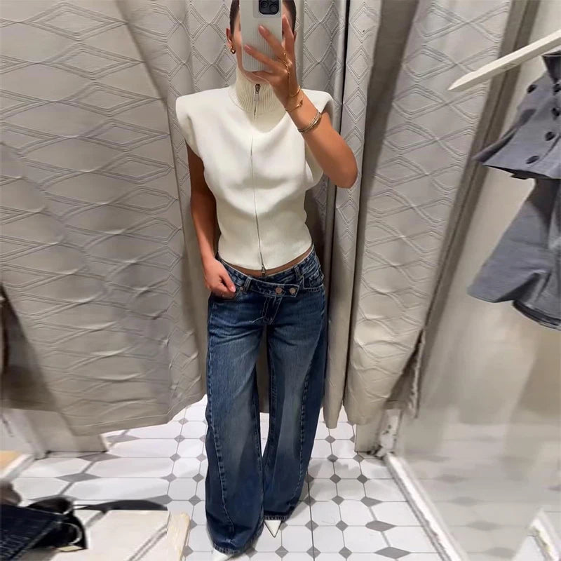 Women's Knitwear Half Turtleneck Double Zipper Knitted Vest Autumn Female Sleeveless Waist Cinching Solid Slim Cardigan New Tops