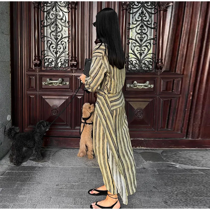Multicolor Striped Shirt 2 Picec Set Button Front Blouse High Waist Flared Hem Maxi Skirt 2026 Summer Elegant Lady Vacation Suit