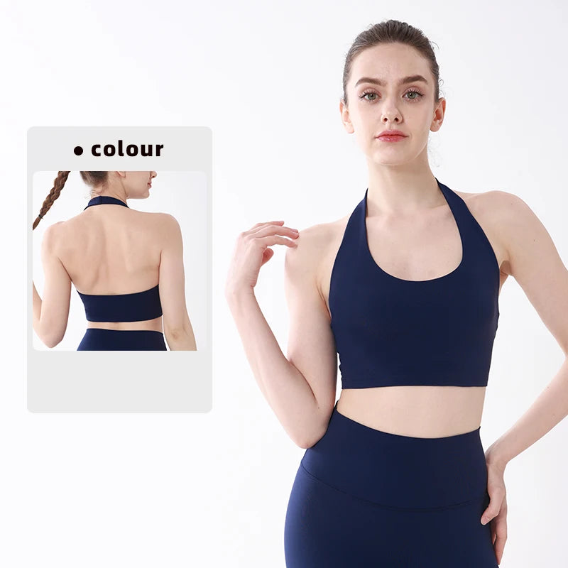 Sports Top Women Sexy Hanging Neck Yoga Bra High Intensity Shockproof Fixed Chest Pad Running Fitness Outdoor Leisure Yoga Vest