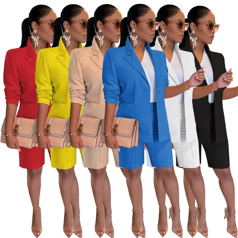 Solid Casual Two Piece Set for Women Matching Sets Outfits Long Sleeve Blazer Coat and Shorts Office Lady Elegant Business Suits