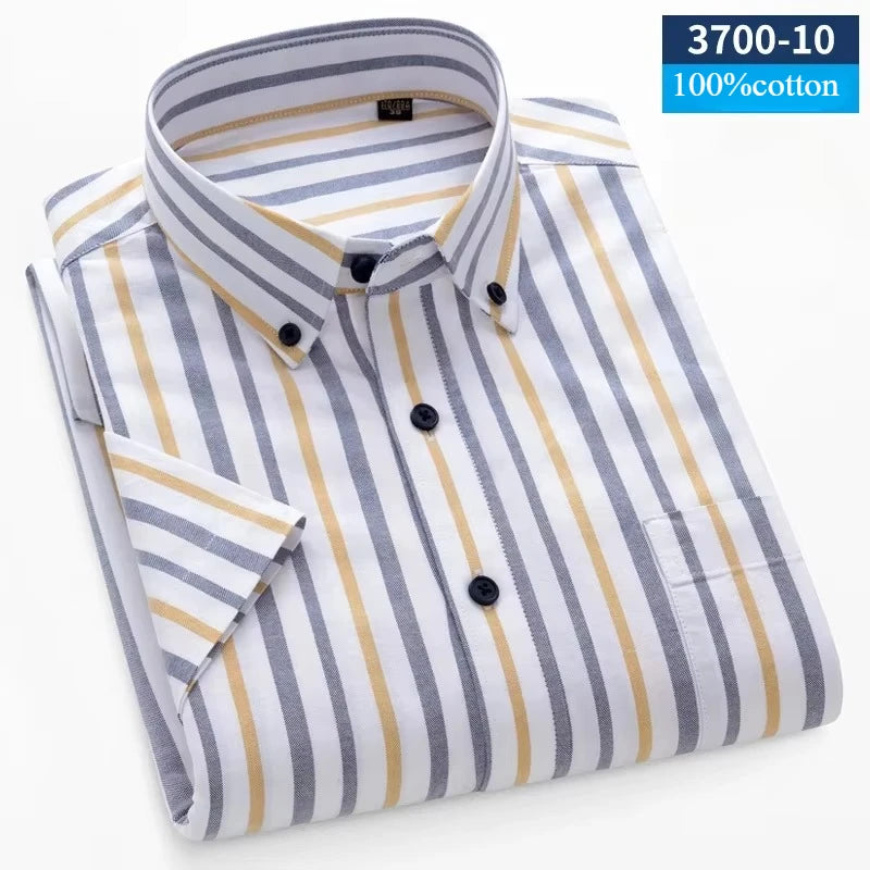New In Shirt Summer 100%Cotton Short Sleeve Shirts for Men Slim Fit Formal Plain Shirt Designer Plaid Korean Popular Clothes