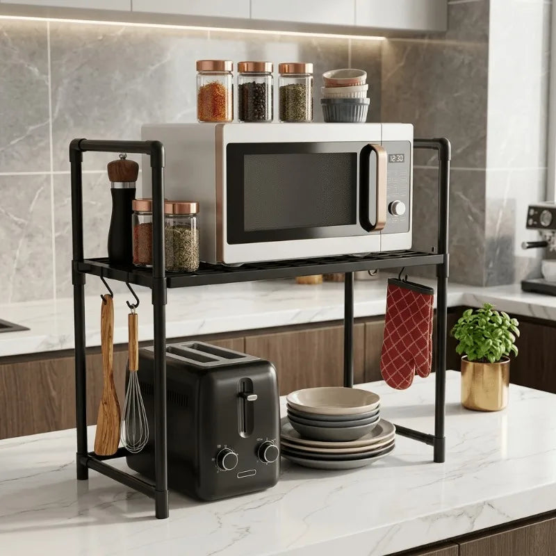 Microwave Oven Rack 2‑Tier Kitchen Countertop Organizer, Heavy Duty Metal Shelf with Hooks for Spices Utensils Small Appliances