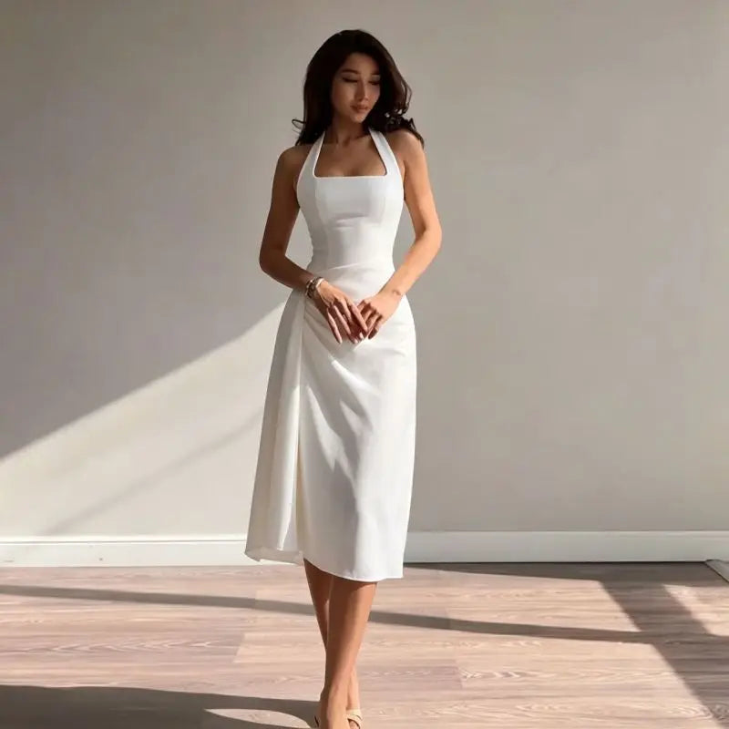 Women Satin Halter Midi Dress Square Neck Ruched Split Slim Long Dress Elegant Wedding Guest Evening Party Sleeveless White Dres
