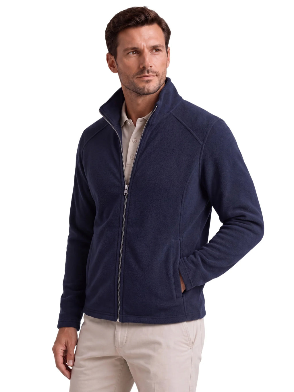 AIOPESON Men's Fleece Jacket Full Zip Stand Collar Solid Color Polar Fleece Outerwear Autumn Winter Outdoor Casual Light Coat
