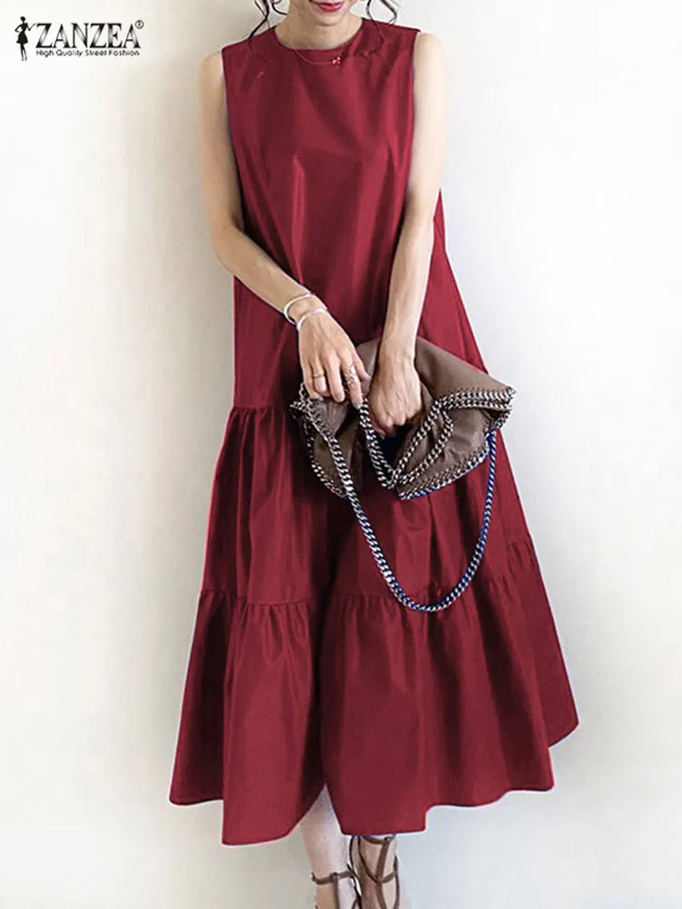 2025 ZANZEA Women Summer Dresses Stylish Sleeveless Ruffles Hem Sundress Casual A-line Holiday Beach Vestido Elegant Party Dress