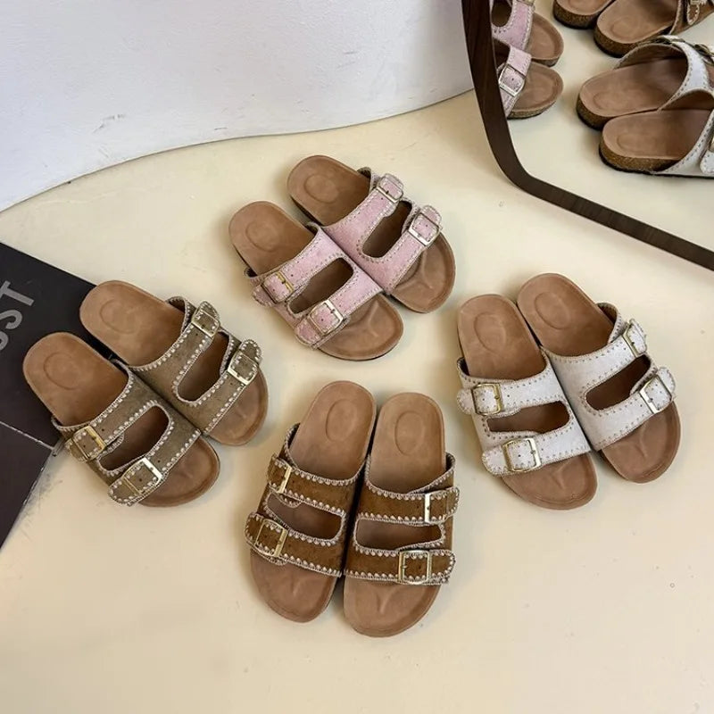 Women's Flat Slide Sandals Open Toe Suede Look Double Buckle Strap Slip on Whipstitch Detail Casual Summer Daily Walking Shoes