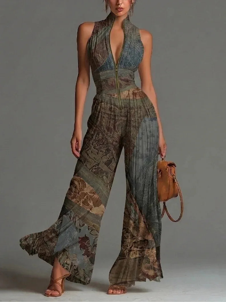 White Pleated Neck Women's Jumpsuit Long Wide Leg Fashionable Sexy Pleated