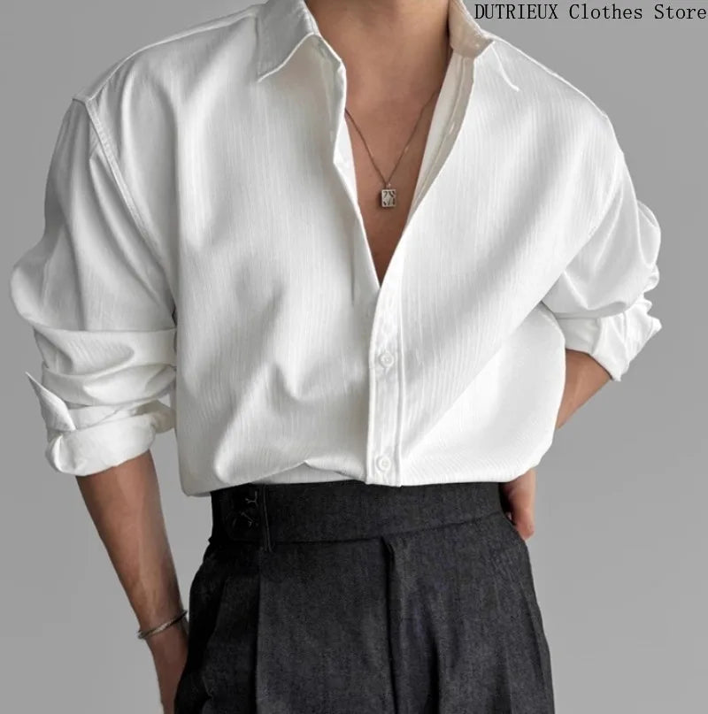 Men's High-quality Business Casual Shirts，High-end Texture Solid-color Shirts, Breathable  Loose Long-sleeved Shirts for Spring