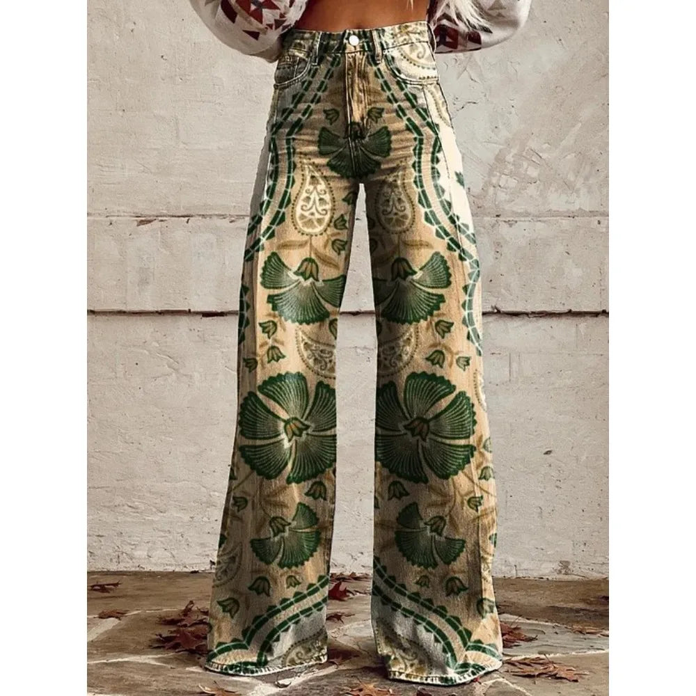 Pink Green Aztec Geometric Print High Waist Wide Leg Pants Cotton Casual Boho Trousers Vintage Women's Western Casual Trousers
