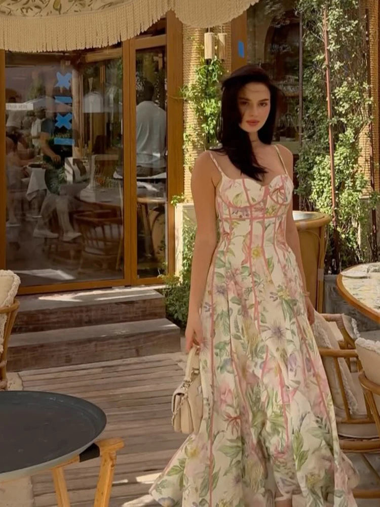Elegant Floral Print Halter Dress Women Sleeveless Waist-closed A-line Dresses 2026 Spring Summer Fashion Female Vacation Robe