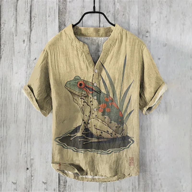 Hot sale Henry shirt 2025 summer men's casual short-sleeved T-shirt floral print top linen blend comfortable fabric XS-6XL size
