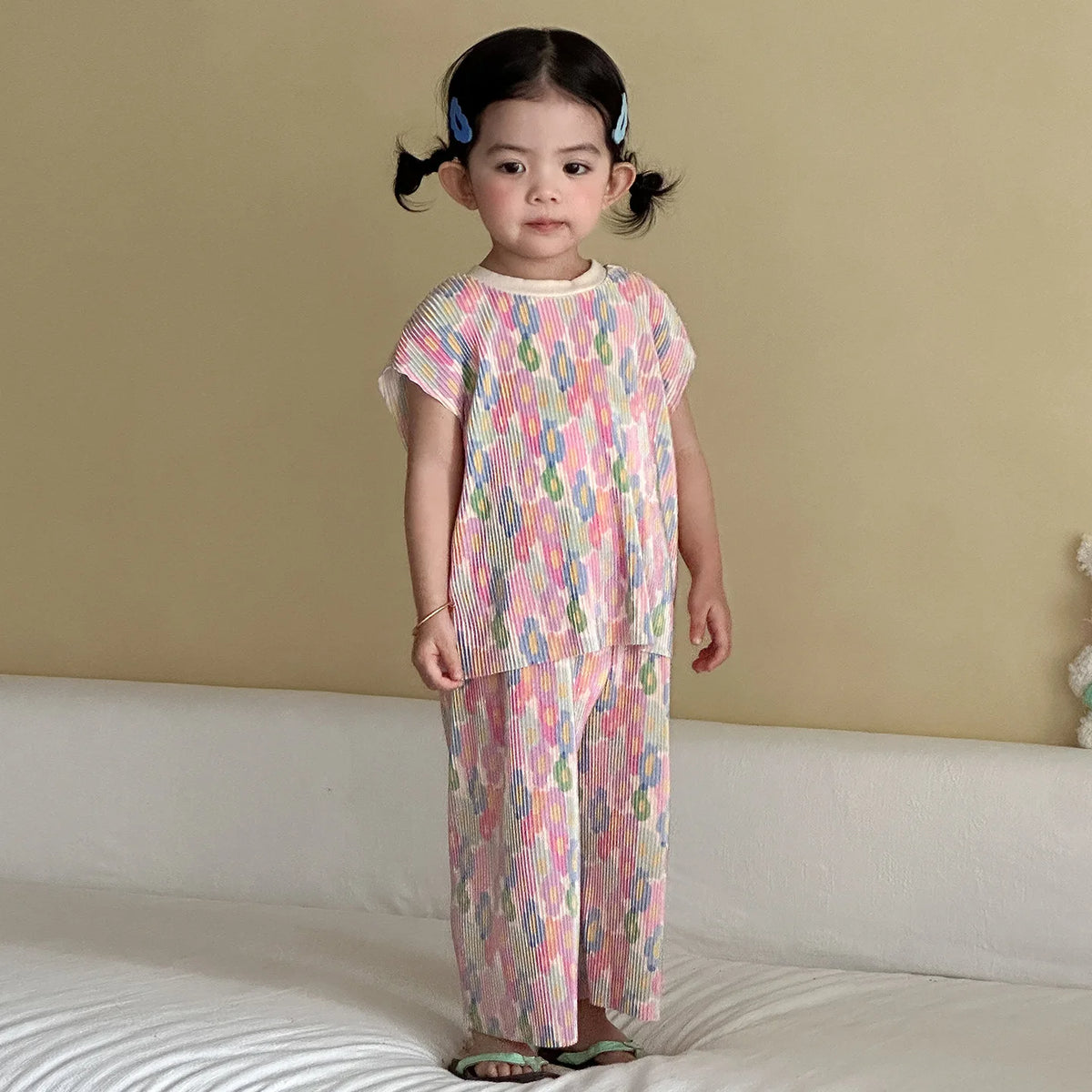 2026 New Infants Kids Matching Clothing Set Cartoon Print Pleated 2 Pieces Suit Tank Top Trousers Soft Loose Streetwear Homewear