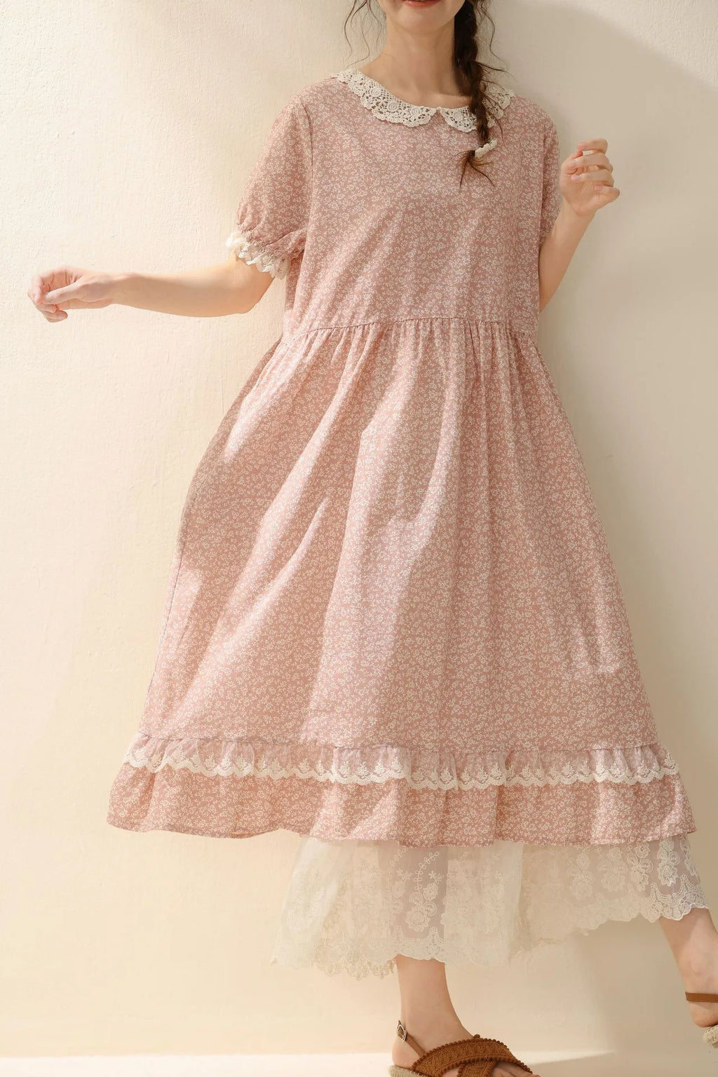 Vintage Ruffled Cotton Linen Flower Dress Women's New Summer Peter Pan Collar Short Sleeve Loose Boho Dress Casual Midi Vestidos