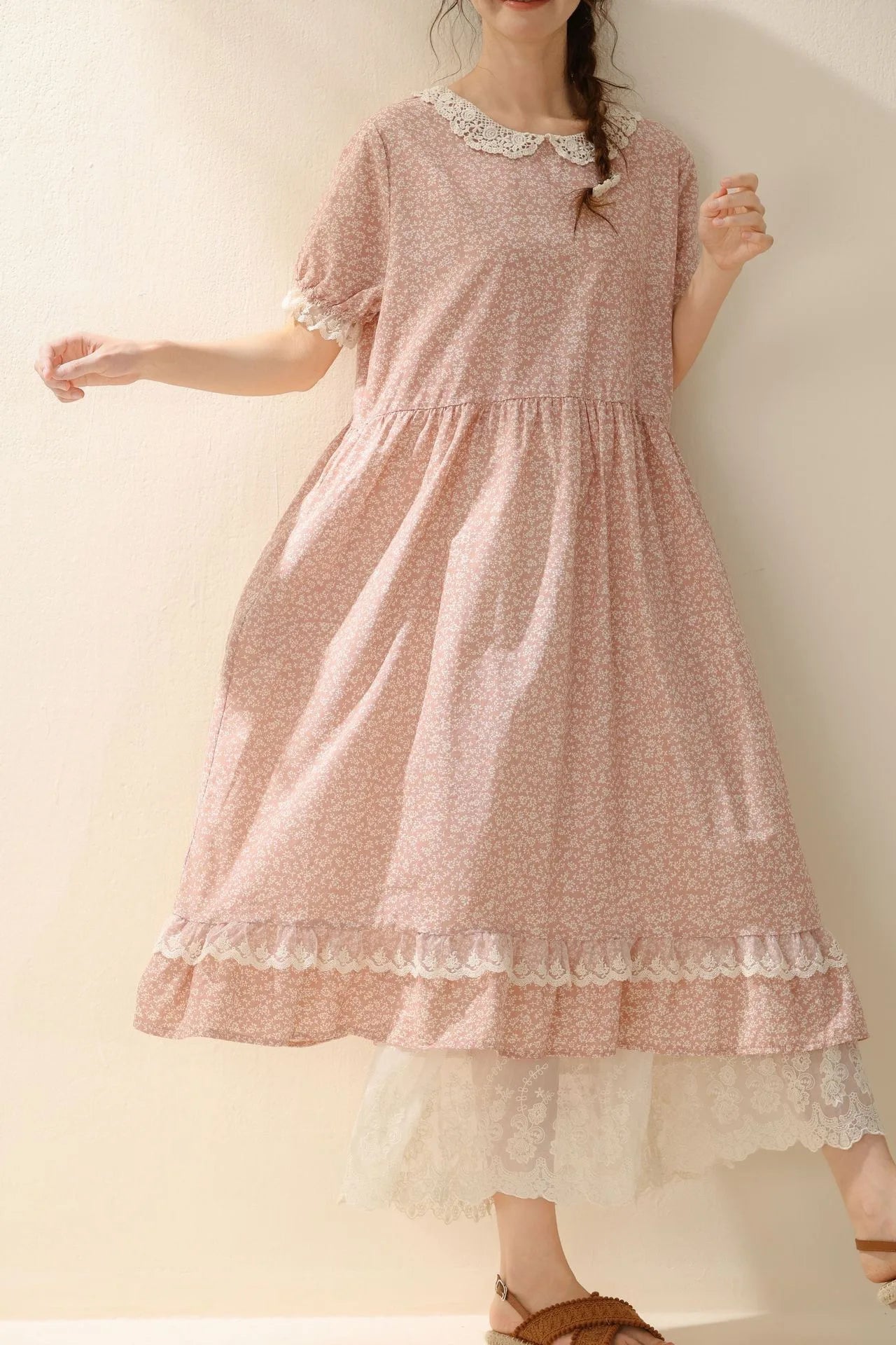 Vintage Ruffled Cotton Linen Flower Dress Women's New Summer Peter Pan Collar Short Sleeve Loose Boho Dress Casual Midi Vestidos