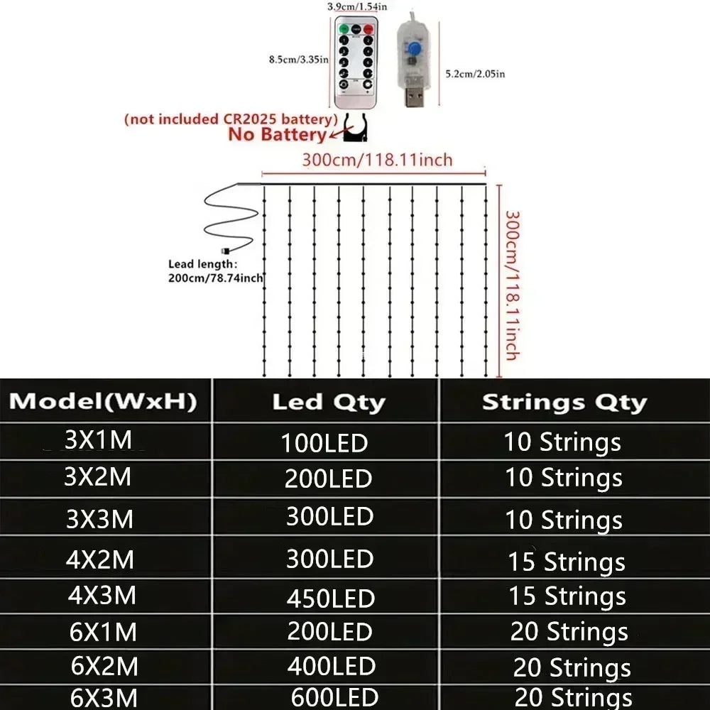 Window Led Curtain String Lights 8 Modes Light Fairy For Bedroom Usb Powered With Remote Control Party Wedding Decoration Gifts