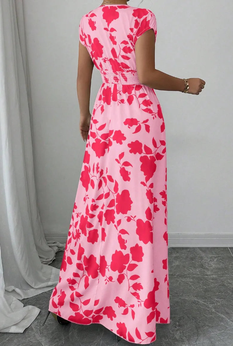 2026 Women's New Fashion Casual Daily Comfortable Elegant Lace-up Floral Print V-neck Short Sleeve Waist Women's Long Dress