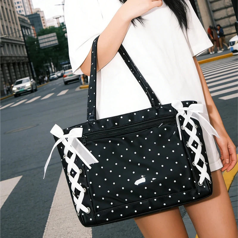 Japanese Polka Dot Shoulder Bag, Sweet Cute Large-capacity Ita Bag, Bow Lace Tie Design Handbag Fashion Lightweight Laptop Bag