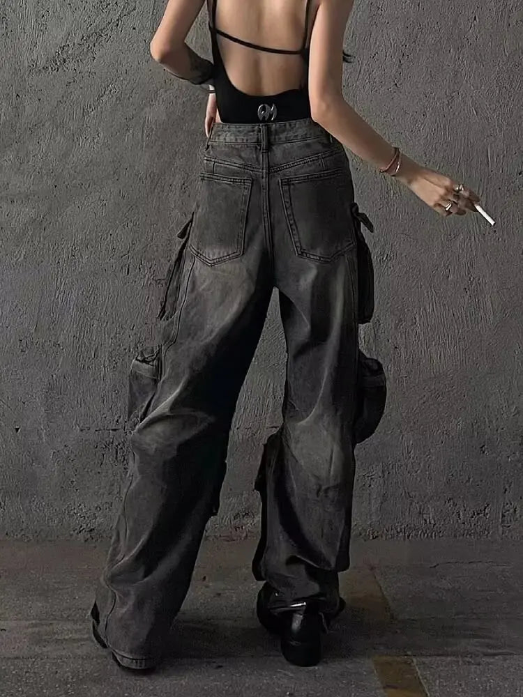 2025 Autumn Winter Large Pocket Women's Denim Trousers Washable Gradient Workwear Parachute Pants Jeans High Waist Long Pants