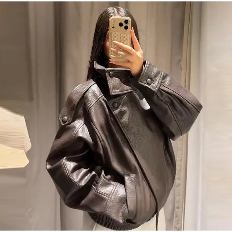 High Street Leather Jackets Women's Casual Double-breasted Turn Down Collar Loose Coats Elastic Waist 2026 Autumn New Outwear