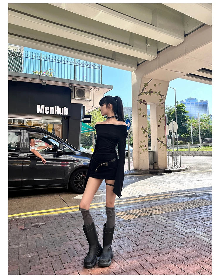 Seeslim Black Slim Sexy Mini Dress Women Long Sleeve Autumn Off Shoulder Korean Fashion 2000s Y2k Clothes Party Dresses Chic