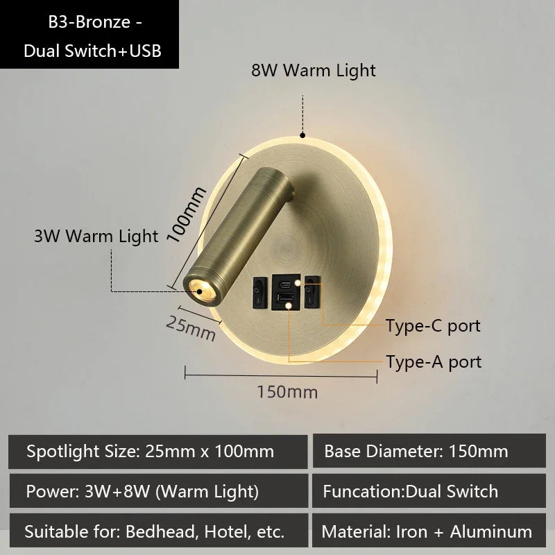 Modern Versatile LED Wall Sconce Lamp with Dual USB Ports Adjustable Side Reading Lights Modern Bedrooms Bedside Lamp