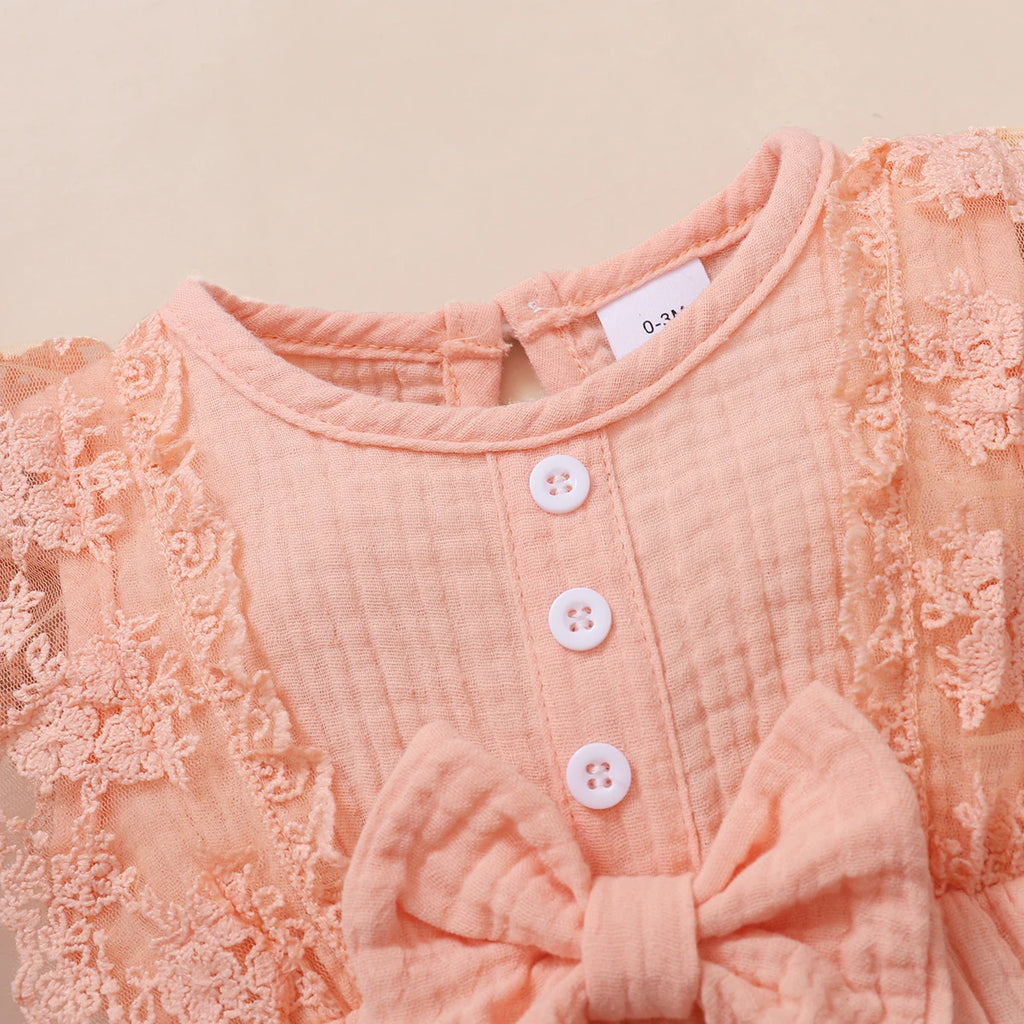 0-18 Months Newborn Baby Girl Plain Soft Bodysuit Lace Flared Sleeve Summer Romper with Headband Toddler Baby Girl Clothing