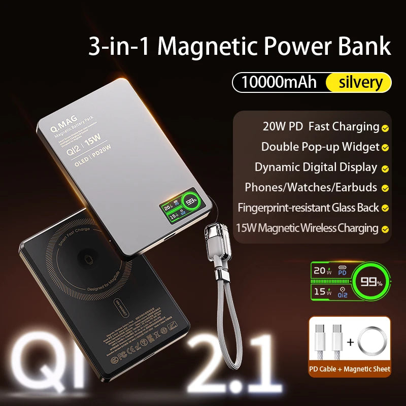 QI 2.1 Magnetic Powerbank Wireless Fast Charing Spare Portable External Battery for iPhone 12-17 Pro Watch Airpods 5000/10000mAh