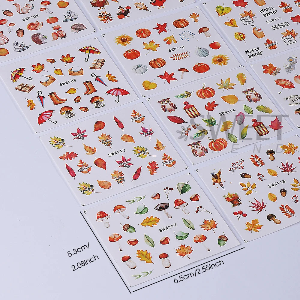 24pcs Fall Maple Leaf Nail Stickers Water Transfer Decals Geometry Leaves Mushroom Turkey Pumpkin Squirrel Design Manicure Decor