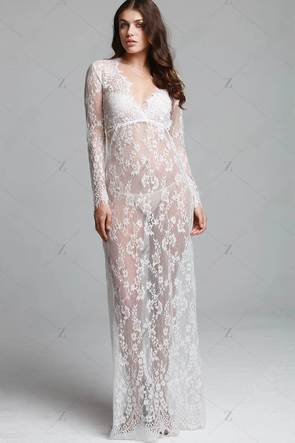 Fashionable Sexy Deep Collar Long Sleeve Lace See-through Bodycon Gown Trendy Women's Dress Elegant Draped Skirt Maxi Dress