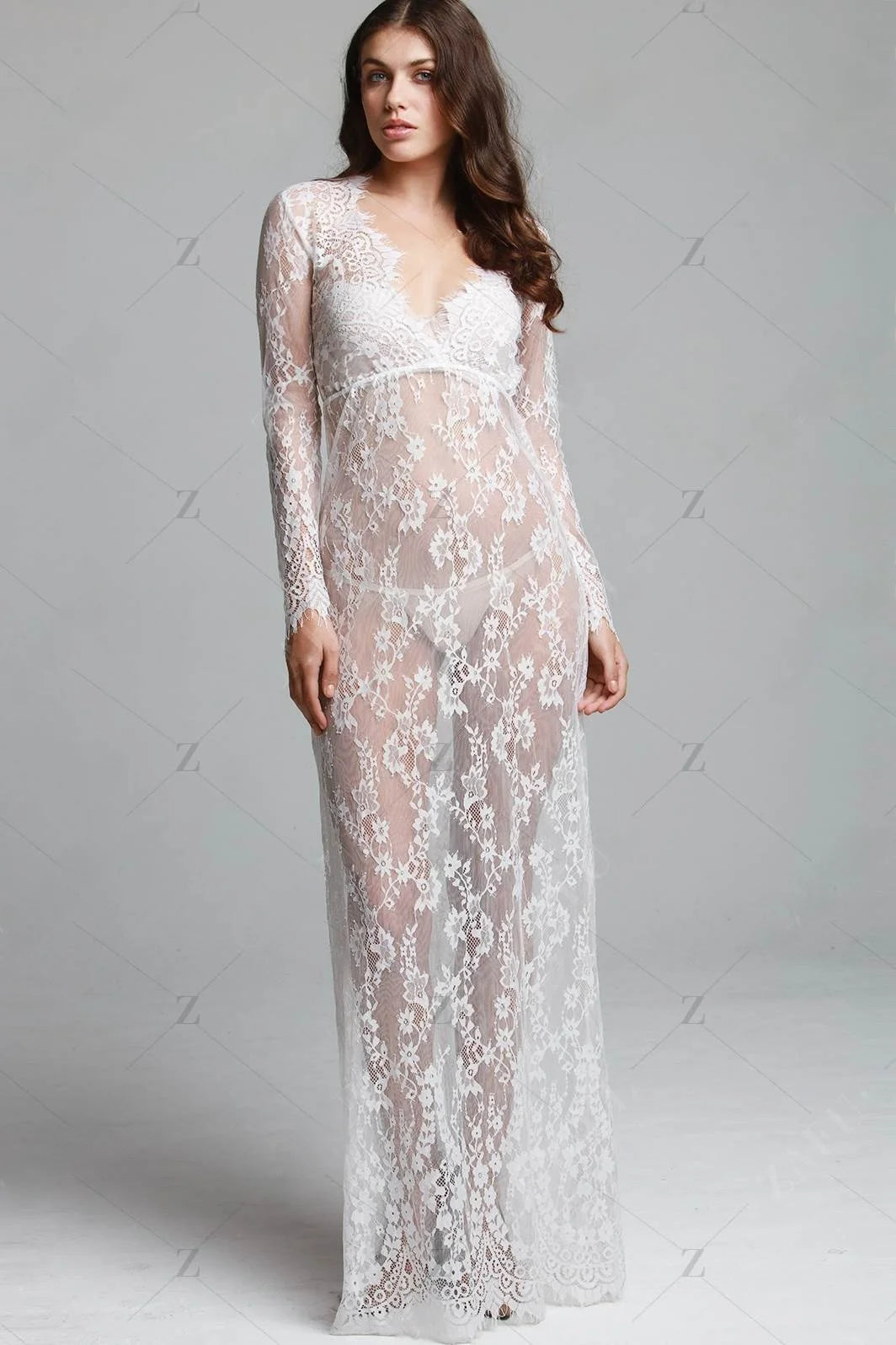 Fashionable Sexy Deep Collar Long Sleeve Lace See-through Bodycon Gown Trendy Women's Dress Elegant Draped Skirt Maxi Dress