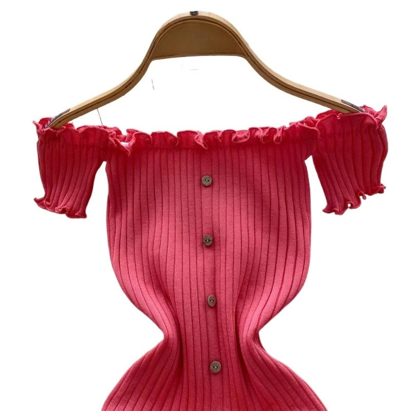 Women's Pink Off Shoulder Sundress Short Sleeve Ruffle Trim Button Stretchy Knit Bodycon Mini Dress Sweethot Summer Party Dress