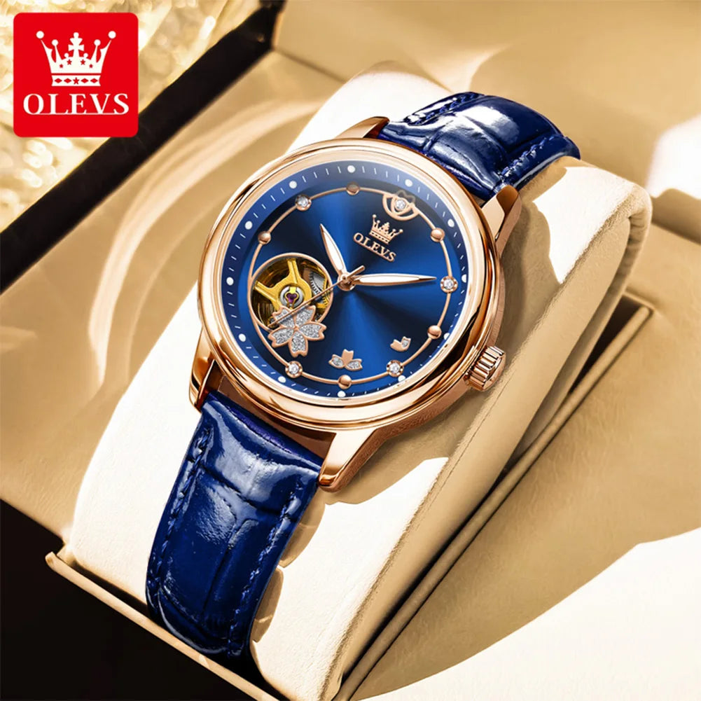 OLEVS 6732 Women's Watches Elegant Rose Gold Stainless Steel Hollowed Diamond Dial Automatic Mechancial Watch Gift Box for Women