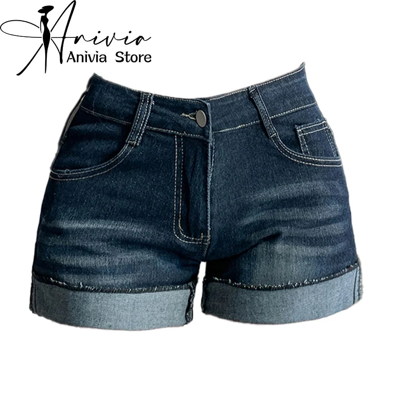 Women's Deep Blue Denim Shorts Washed Y2K Fashion Harajuku High Street 2000s Style Streetwear 90s Retro Shorts Jeans Clothing
