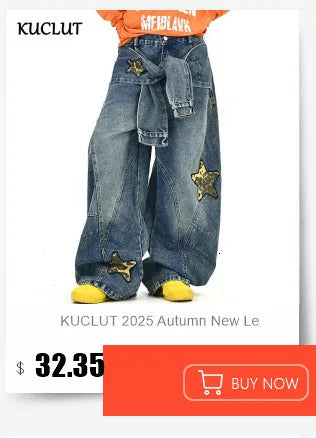 KUCLUT 2025 Autumn Winter Fashion Niche Design Print Contrast Color Loose Jeans For Women Straight Wide-leg Denim Pant 1A1517