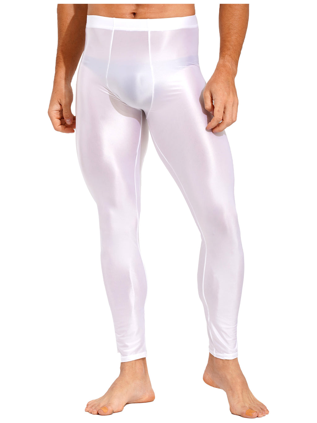 Men Elastic Waistband Skinny Shiny Yoga Tights Pants Solid Color Leggings Exercise Running Gym Fitness Training Sportswear