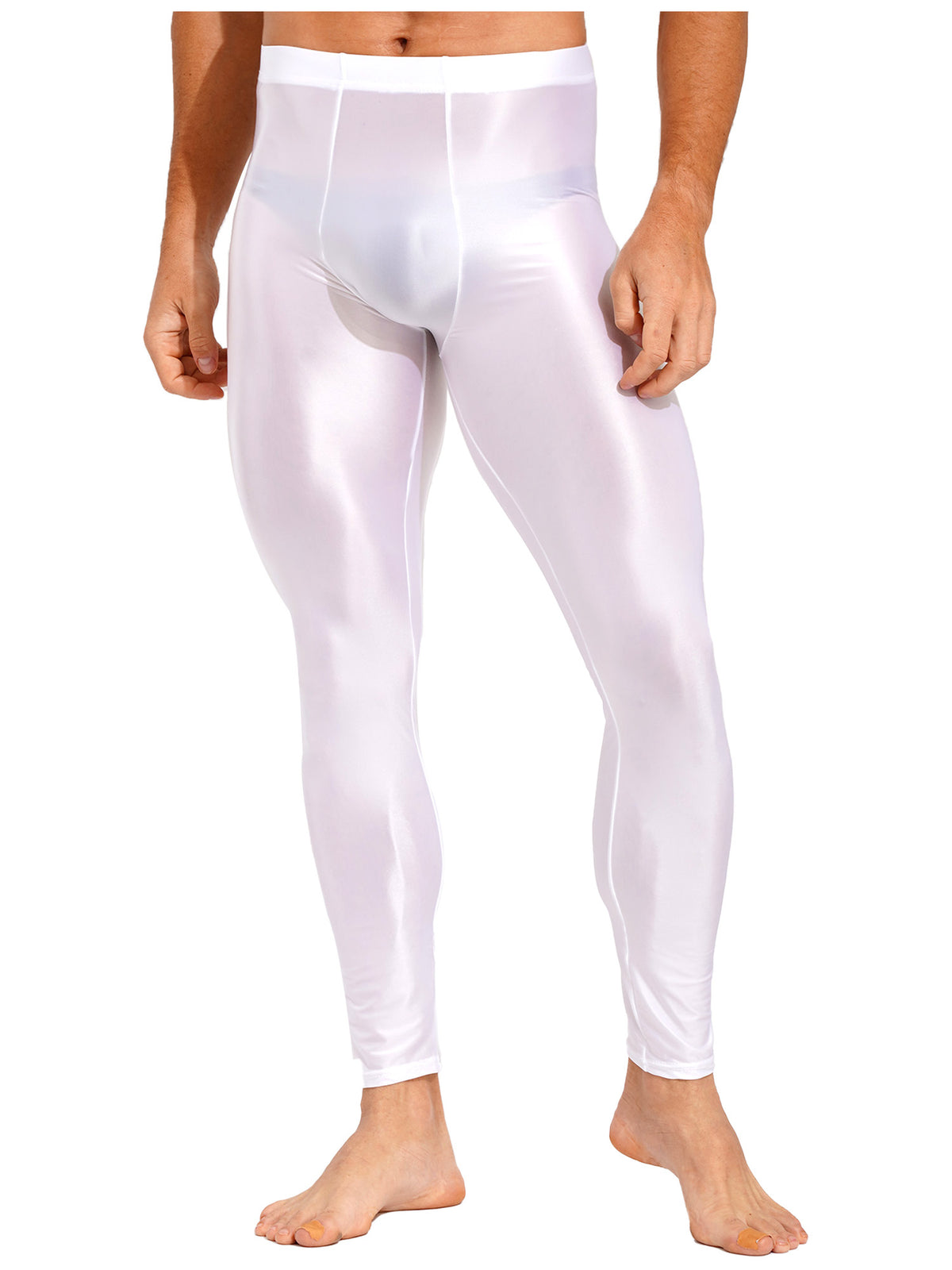 Men Elastic Waistband Skinny Shiny Yoga Tights Pants Solid Color Leggings Exercise Running Gym Fitness Training Sportswear