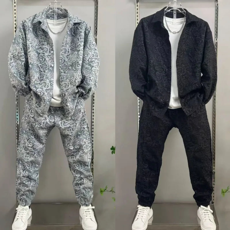 Men's casual collar jacquard shirt and pants two-piece set, spring and autumn new fashion and handsome set, complete set