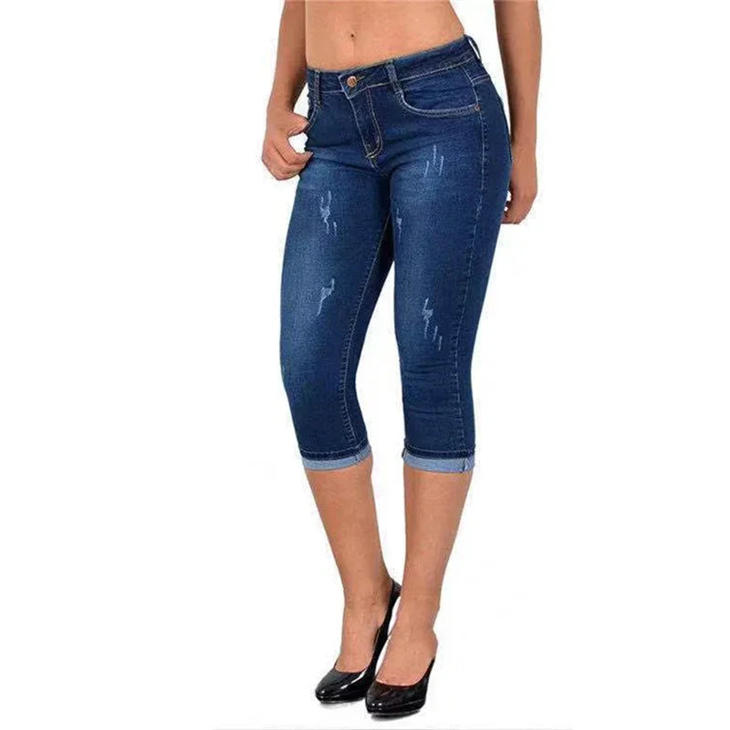 Women Simple Style Slim Pencil Jeans Scratches Decoration Seven-quarter Length Pants Daily Casual Commuter Female Denim Trousers