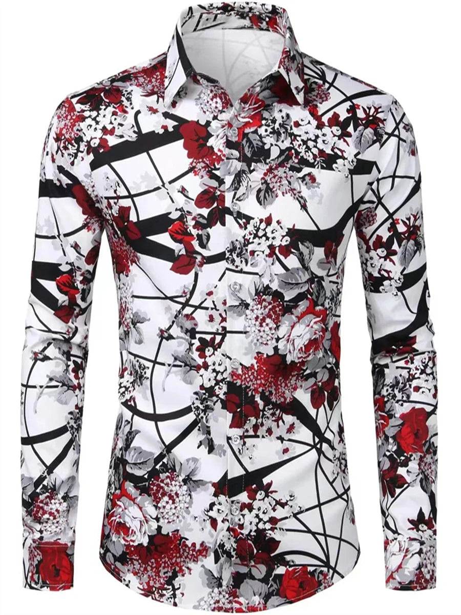 Spring and Autumn Men's Casual Outdoor Luxury Suit Lapel Shirt Long Sleeve Soft Comfortable Material Floral Rose Red HD Pattern