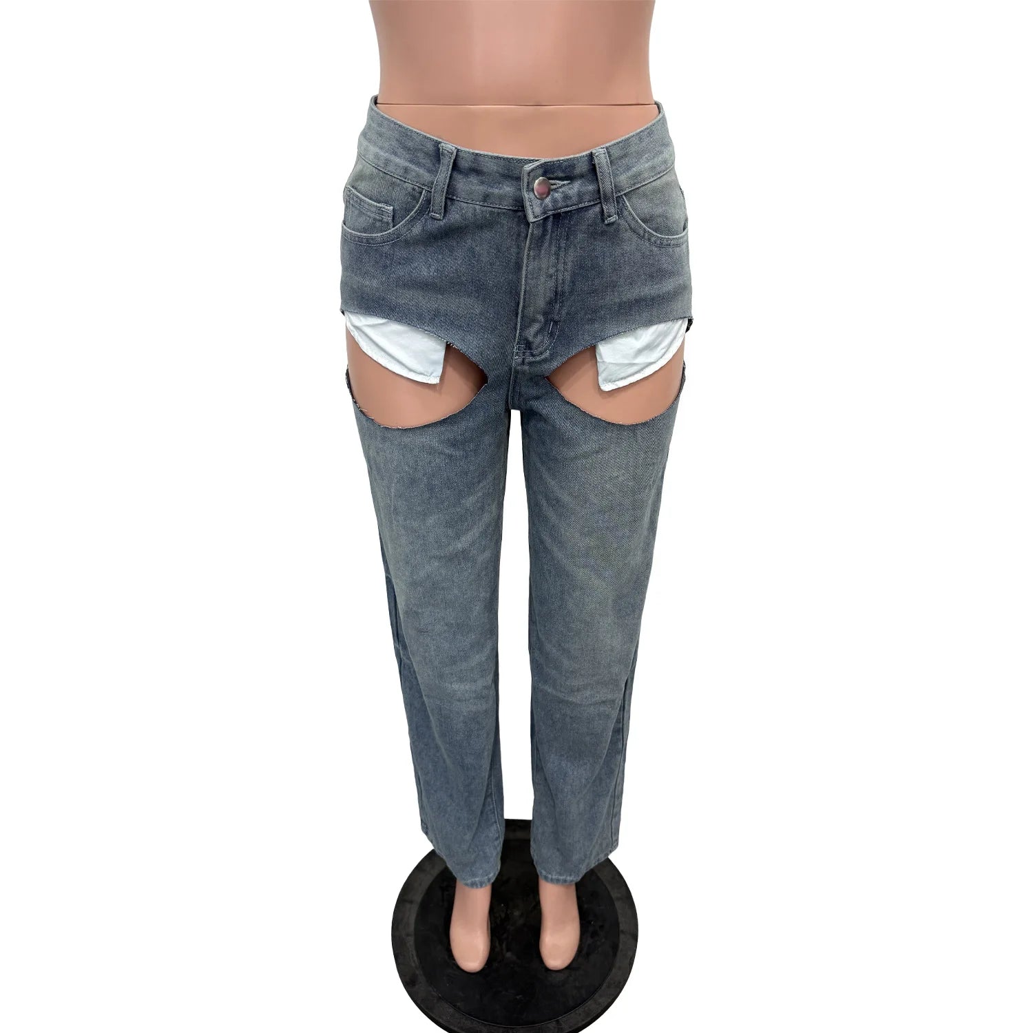 FAGADOER Y2k Sexy Hollow Out Denim Pants Women Solid Color Hole Patchwork High Waist Jeans Female Streetwear Bottoms 2025 New