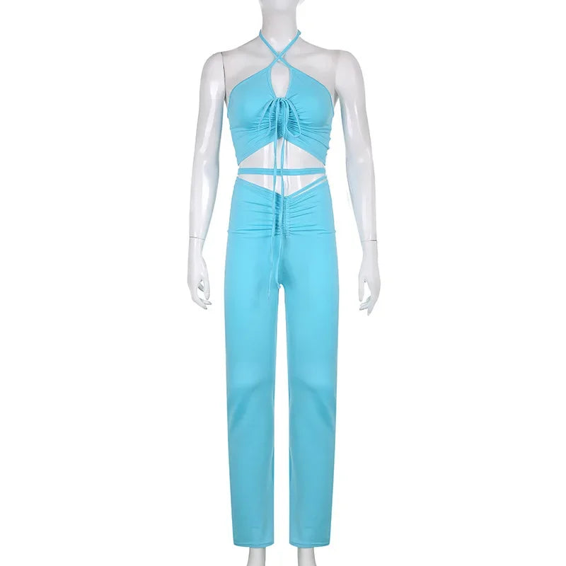 Solid 2 Piece Sets Womens Outfits Neck-mounted Halter Top Low Waist Long Pants Set Conjuntos Feminino Elegante Ensemble Femme