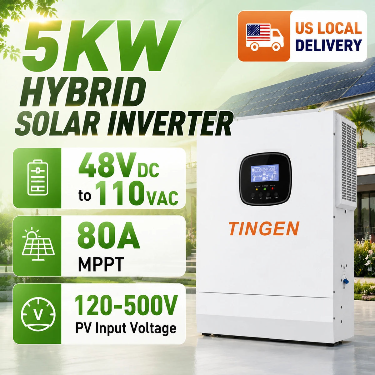 5KW Hybrid Solar Inverter 48VDC to 110VAC with 80A MPPT Controller 120-500V PV Input Pure Sine Wave Inverter for Home Solar System