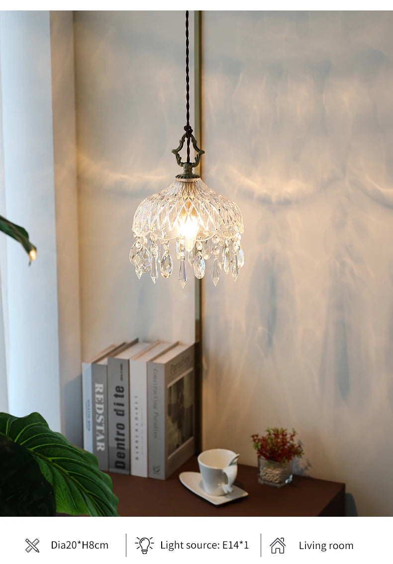 YEBMLP French Retro Glass Hanging Light Indoor LED Luxury Art Chandelier Bedroom Bar Restaurant Table Pendant Lamp With E14 Bulb